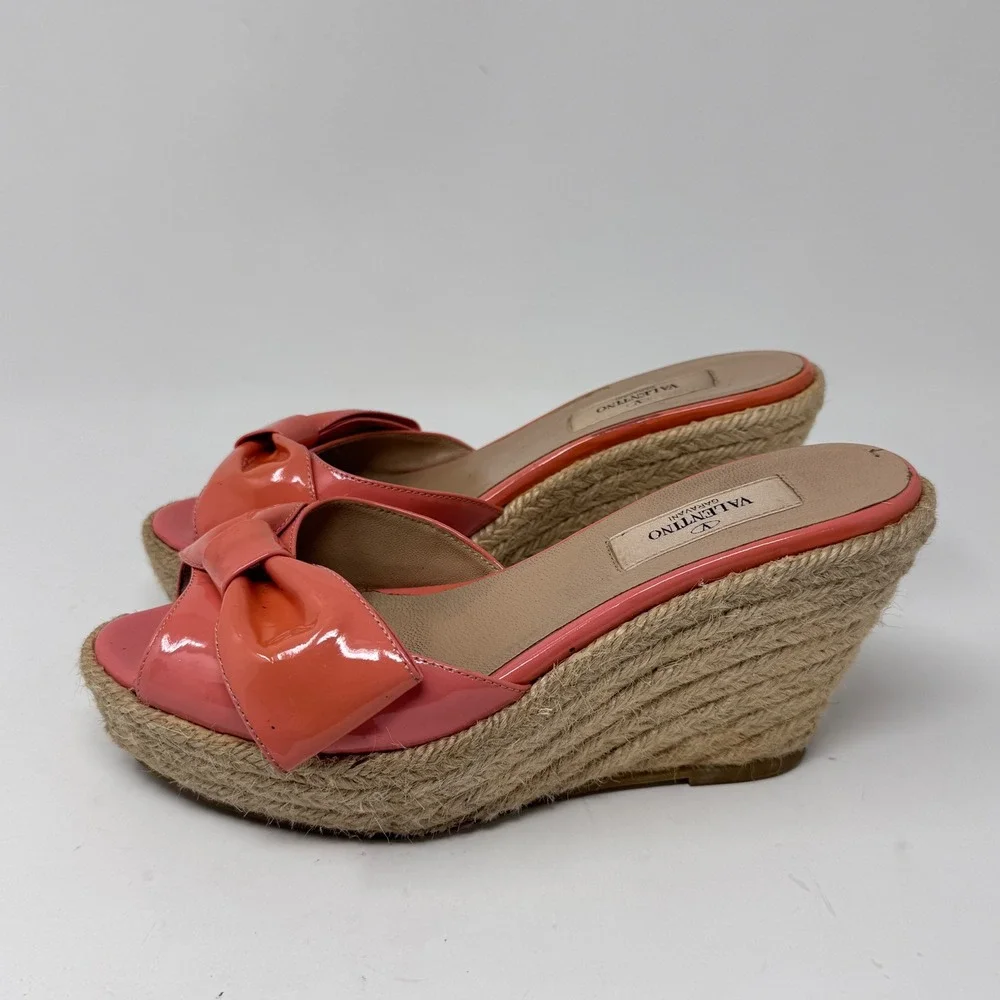 Valentino Garavani Mena Bow Espadrille Wedge Sandals – Pink Patent EU 36